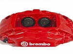 Комплект суппортов 2 шт. Brembo 4 поршня + адаптеры + армир. торм. шланги (2 шт) КРАСНЫЕ VAG-B4B-GN3