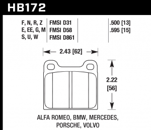 Колодки тормозные HB172EE.595 HAWK Blue 42; Porsche 911 "M" Caliper 15mm