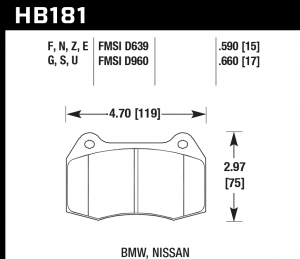 Колодки тормозные HB181Z.590 HAWK PC передние Nissan Skyline GT-R R33 / R34; Honda Integra DC5