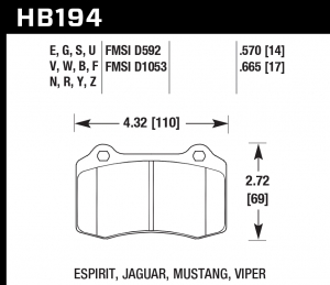 Колодки тормозные HB194V.570 HAWK HT-14 Viper, Mustang, Lotus 14 mm
