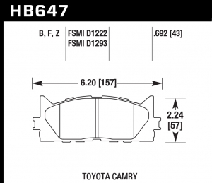 Колодки тормозные HB647Z.692 HAWK PC передние TOYOTA CAMRY 2007->