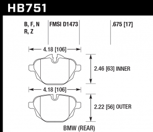 Колодки тормозные HB751N.675 HAWK HP PLUS; 17mm  BMW 5 F10; 5 F11; 5 F18; i8; X3 F25; X4 F26;