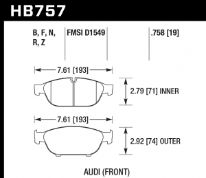 Колодки тормозные HB757N.758 HAWK HP Plus; перед Audi A6 4G2, C7, 4GC; A7 4GA, 4GF; Allroad 4GH 19mm